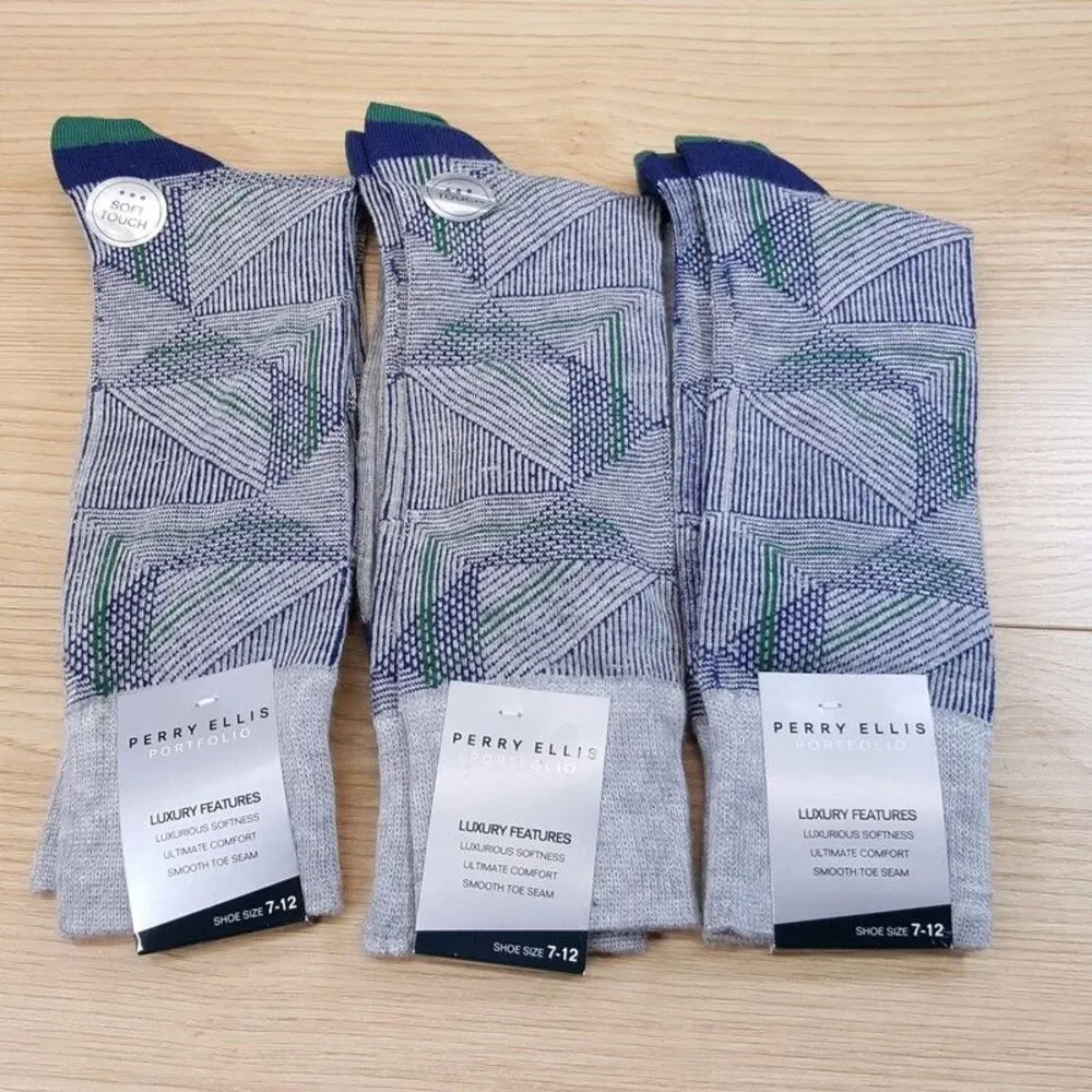 PERRY ELLIS Crew Dress Socks Grey 3-Pack Stripe Rayon Ultimate Soft Comfort